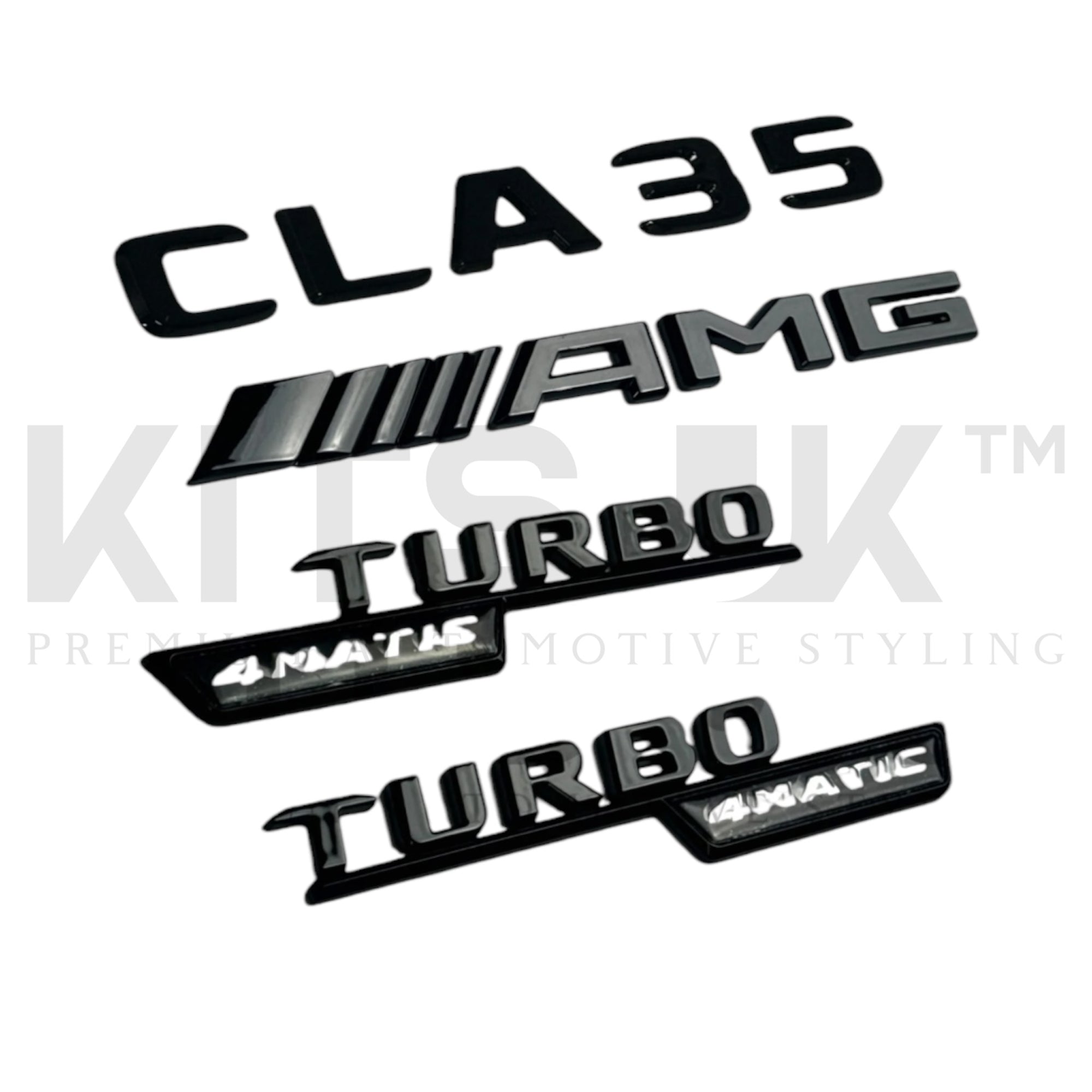 Mercedes C118 CLA35 Black Badge Package - Gloss Black Replacement Set including CLA35, AMG, and TURBO badges in gloss black.