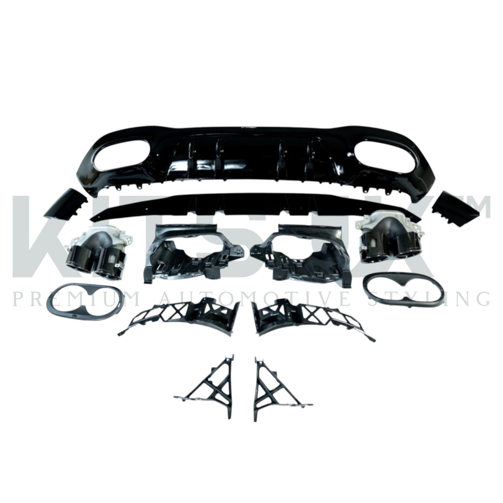 Mercedes A Class Gloss Black Diffuser with Quad Tips high-quality ABS components for an aggressive vehicle upgrade.
