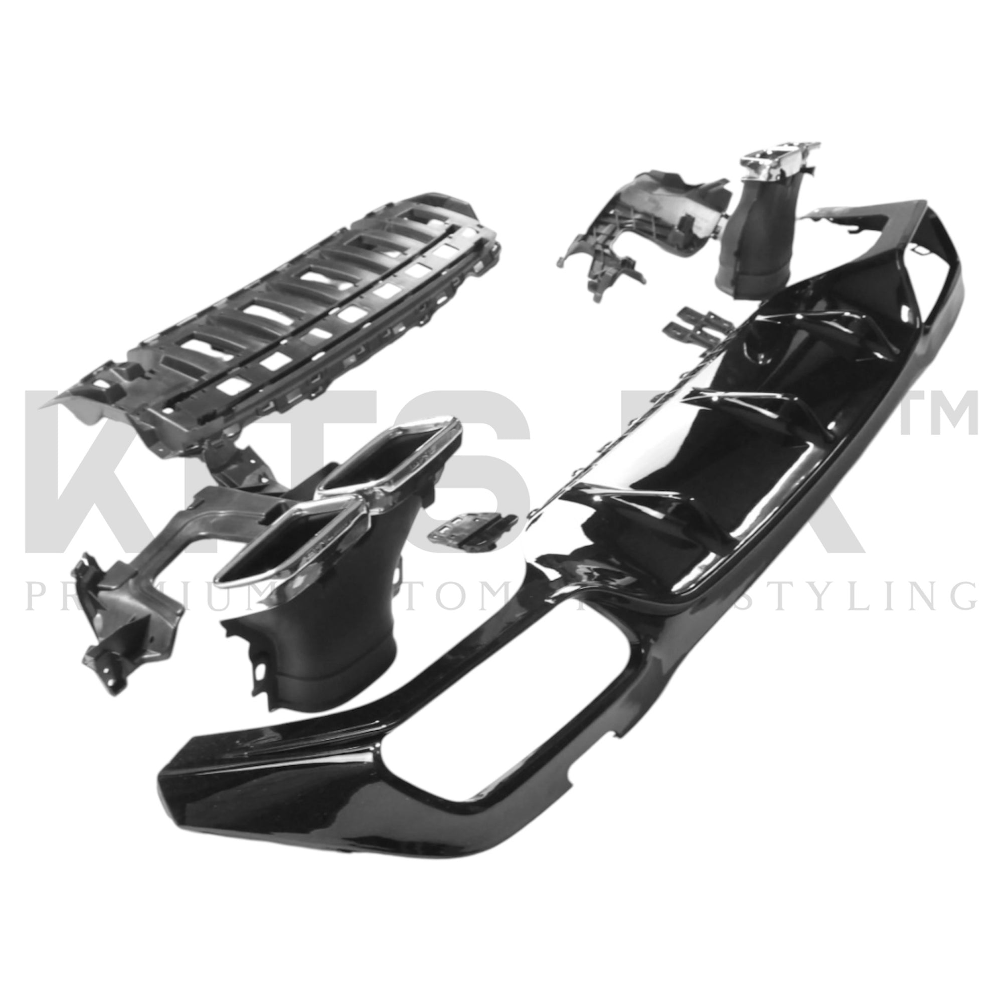 Mercedes W213 E Class Gloss Black Diffuser with Chrome Tips parts layout