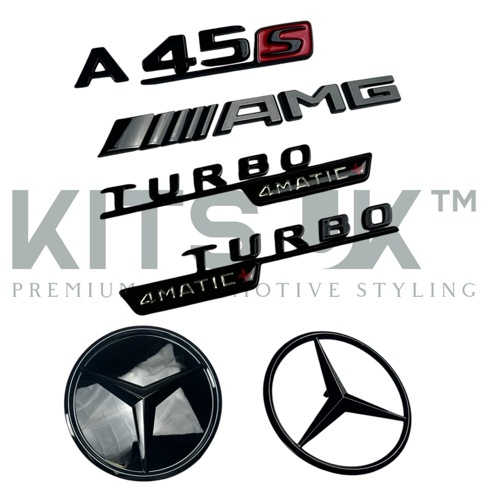 Mercedes A45 A45s Black Badge Package showcasing premium black badges and emblems for enhanced vehicle styling.