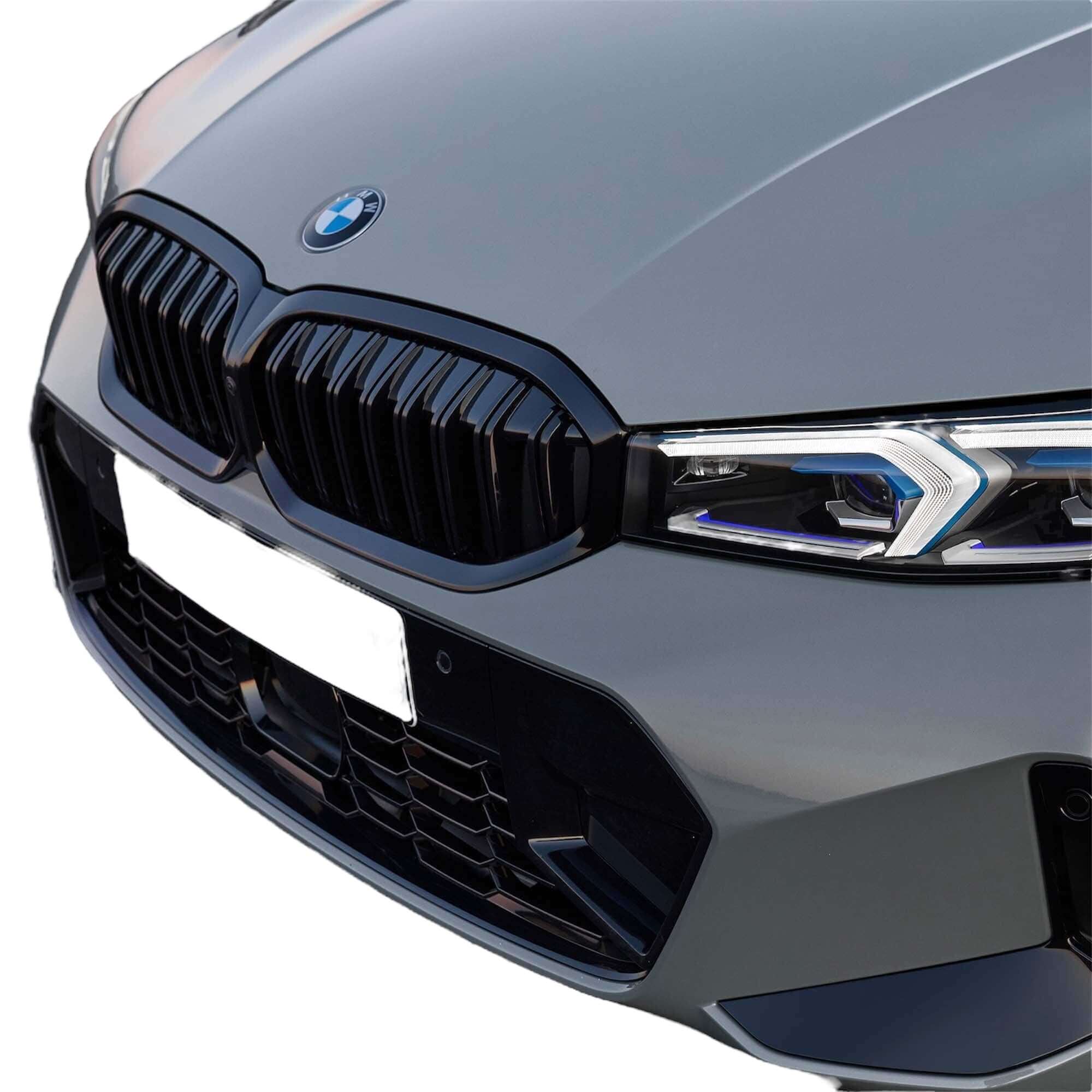 BMW G20 LCI gloss black grille showcasing the aggressive dual line design for the premium look