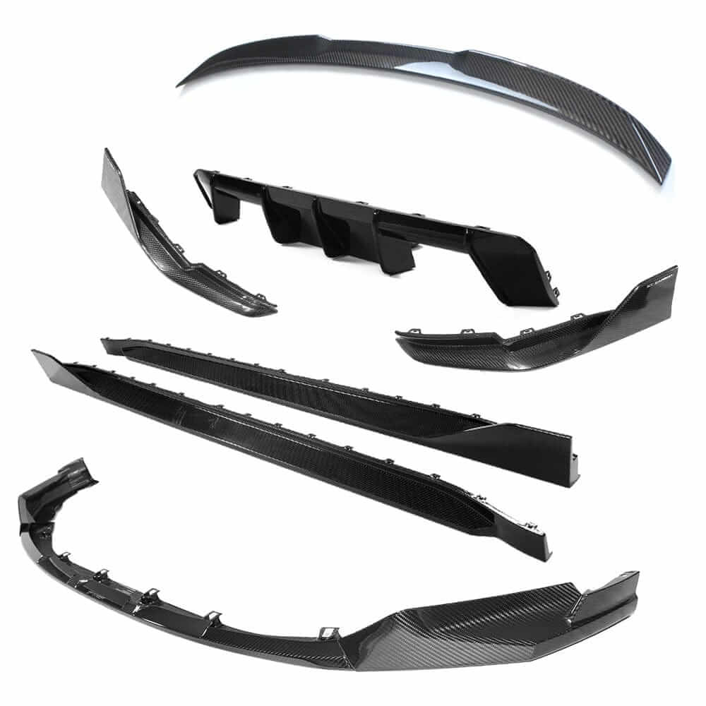 BMW G80 M3 FULL CARBON FIBRE KIT - MP STYLE showing front splitter, side skirts, diffuser, and spoiler.