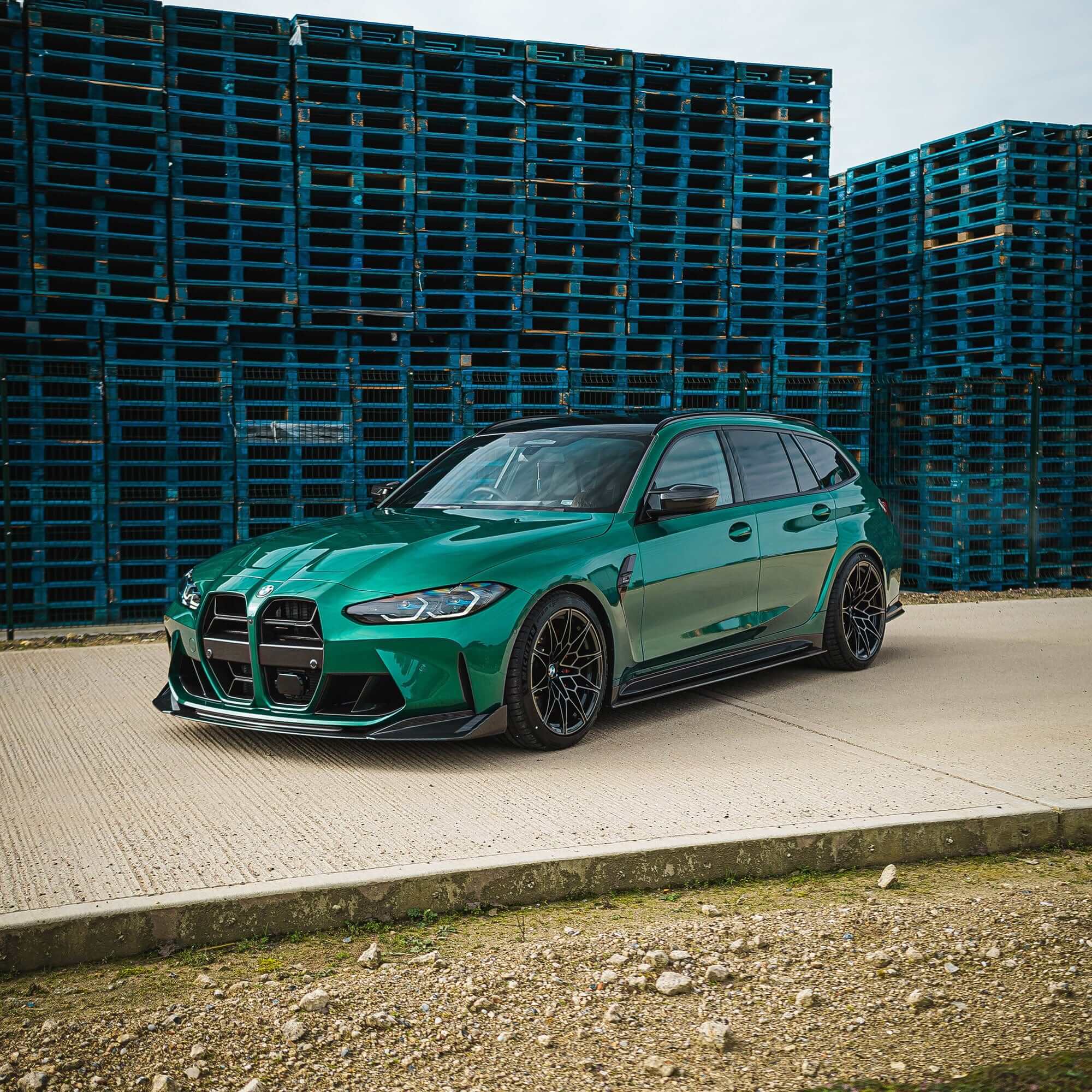 BMW M3 G81 featuring the BMW M3 M4 carbon fibre splitter V2 in vibrant green color