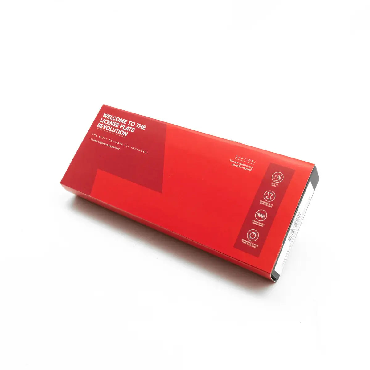 Magna Plates steel tailgate kit | Universal Magnetic Fitting product packaging in red design.