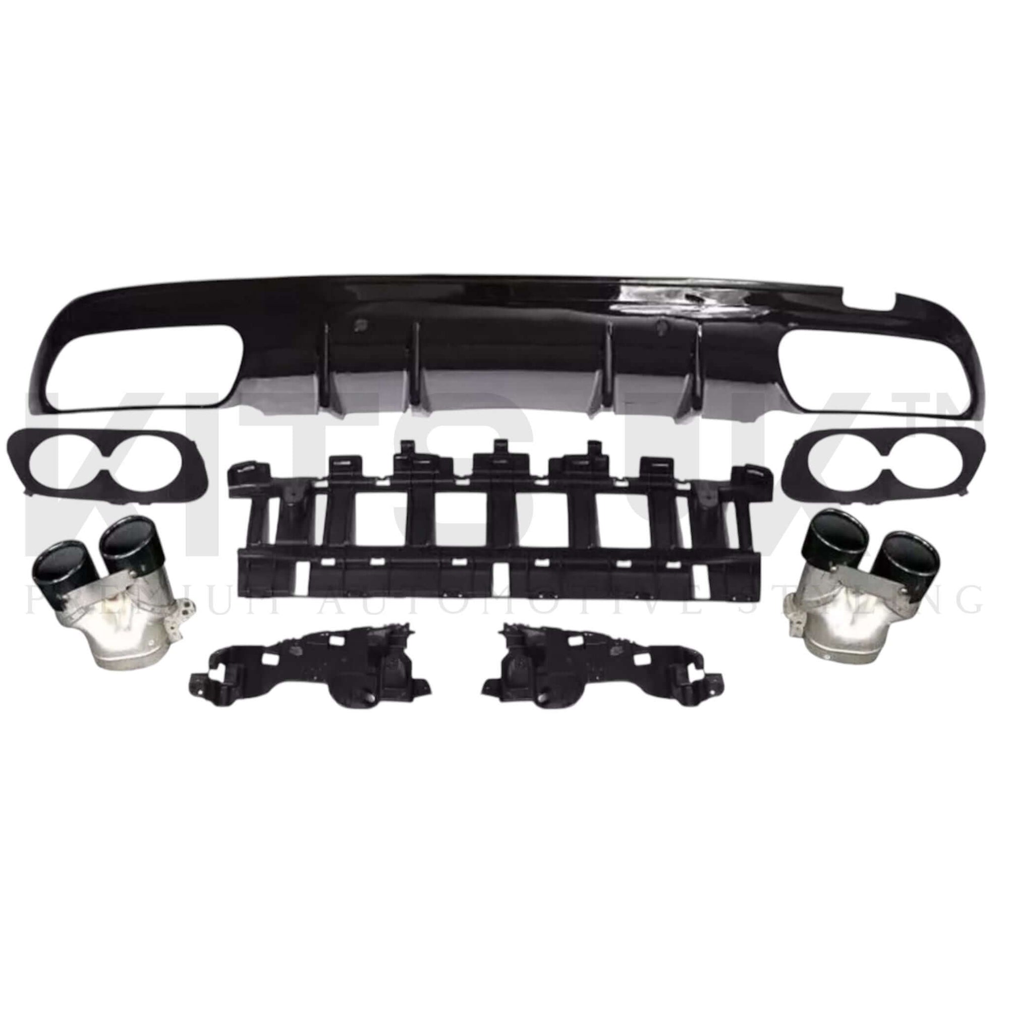 Mercedes C-Class W205 Gloss Black Rear Diffuser with Quad Tips, includes exhaust tips and fittings for a sporty upgrade.