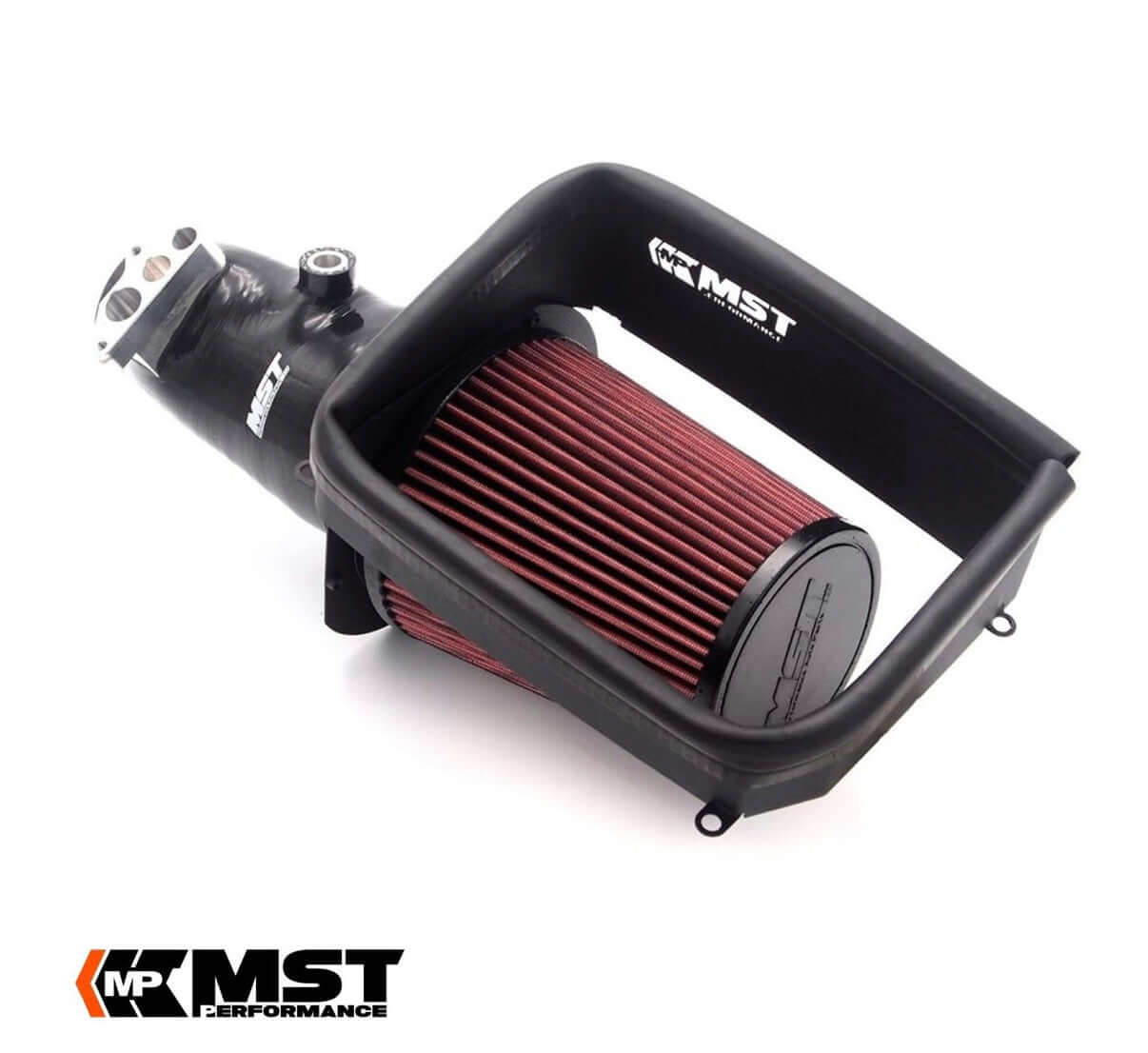 MST Performance Induction Kit and Silicone Hosefor A45 AMG M133 Mercedes with black heat shield and red filter.